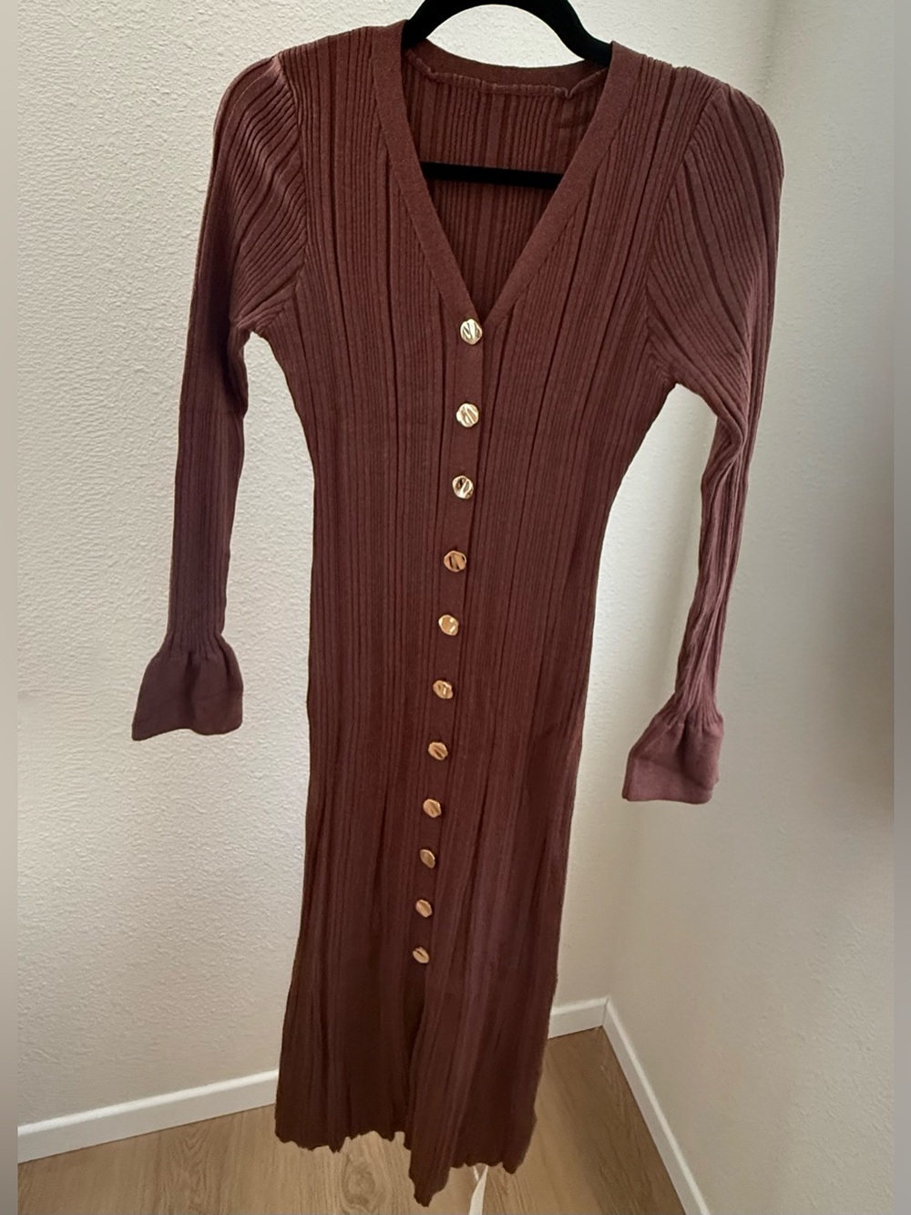 Brown cardigan knit dress with gold buttons